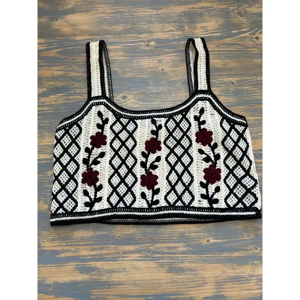 Crochet Crop Top S Rose Black White Red